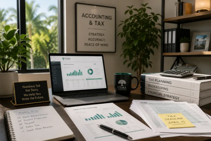 Accountant&rsquo;s desk with financial reports, a laptop showing a profit-and-loss dashboard, and tax binders