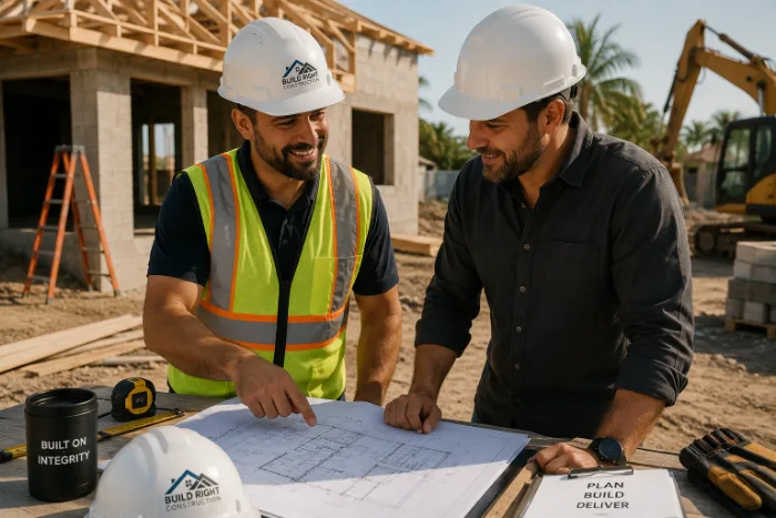 Two contractors in hard hats reviewing blueprints at a residential build site