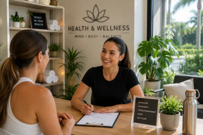 Wellness consultant meeting a client across a table in a plant-filled studio