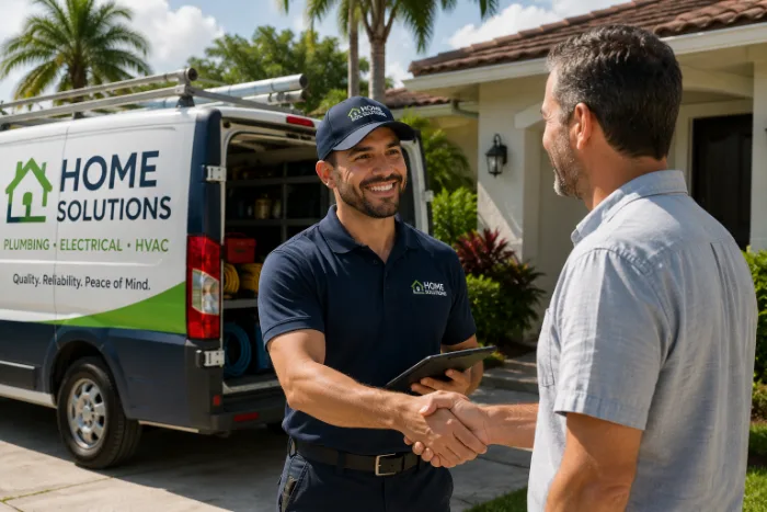 Uniformed technician shaking hands with a homeowner beside a service van