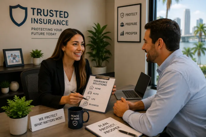 Insurance advisor reviewing coverage options with a client in a bright office