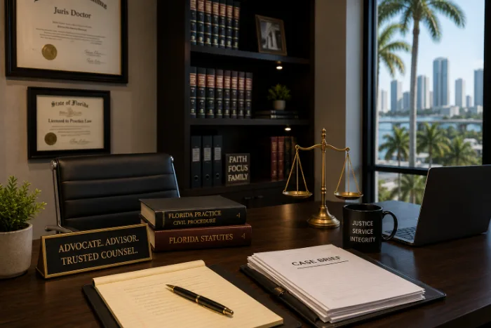 Attorney&rsquo;s office desk with brass scales of justice, Florida statute volumes and a case brief
