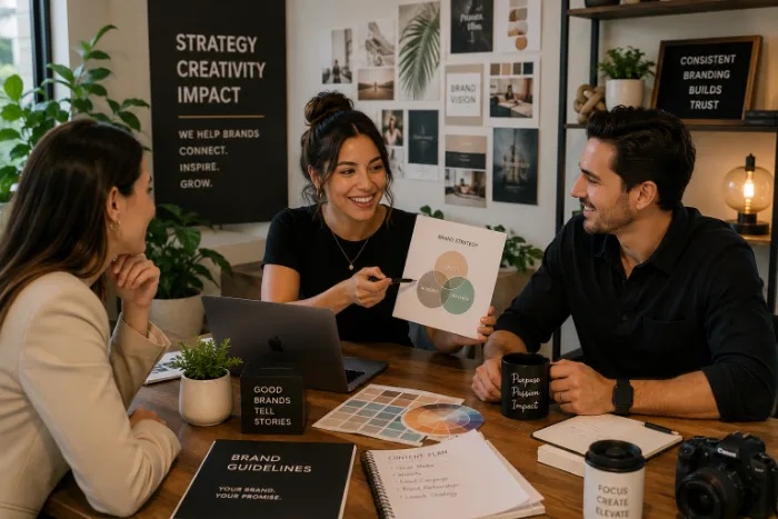 Creative team reviewing brand boards and colour palettes around a studio table
