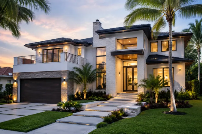 Modern two-storey South Florida home lit warmly at dusk, framed by palm trees