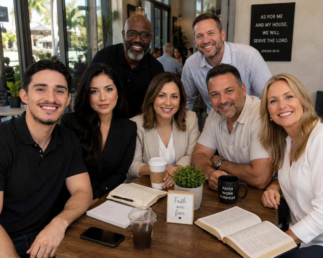 Business owners gathered around a café table with open Bibles, notebooks and coffee